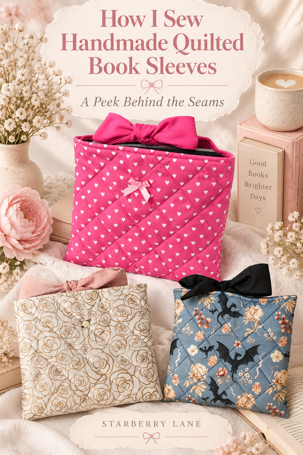 Handmade quilted book sleeves in pink hearts, floral rose, and blue dragon prints arranged in a soft, feminine Pinterest collage with the text “How I Sew Handmade Quilted Book Sleeves: A Peek Behind the Seams” and Starberry Lane branding.
