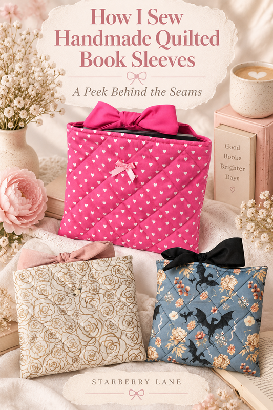 Handmade quilted book sleeves in pink hearts, floral rose, and blue dragon prints arranged in a soft, feminine Pinterest collage with the text “How I Sew Handmade Quilted Book Sleeves: A Peek Behind the Seams” and Starberry Lane branding.