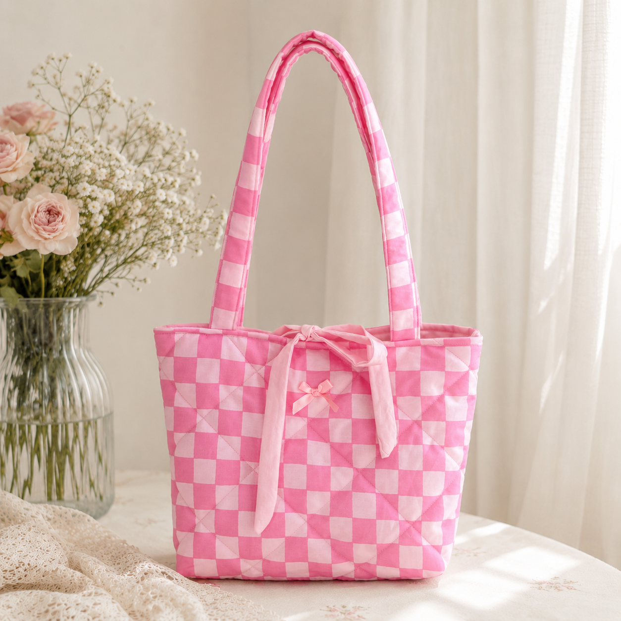 Pink Checkers Quilted Tote